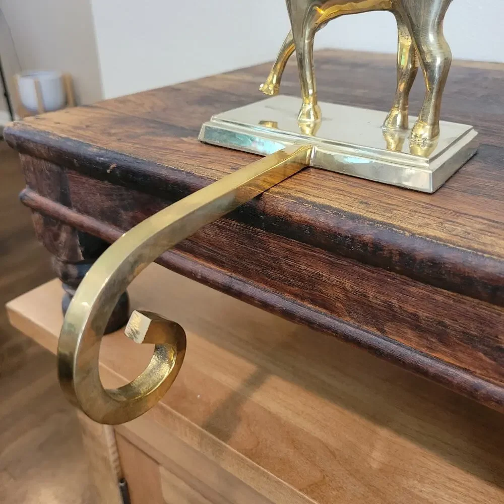 Vintage Brass Reindeer Stocking Hanger Long Arm Heavy Mantel Hook Stag 5.75